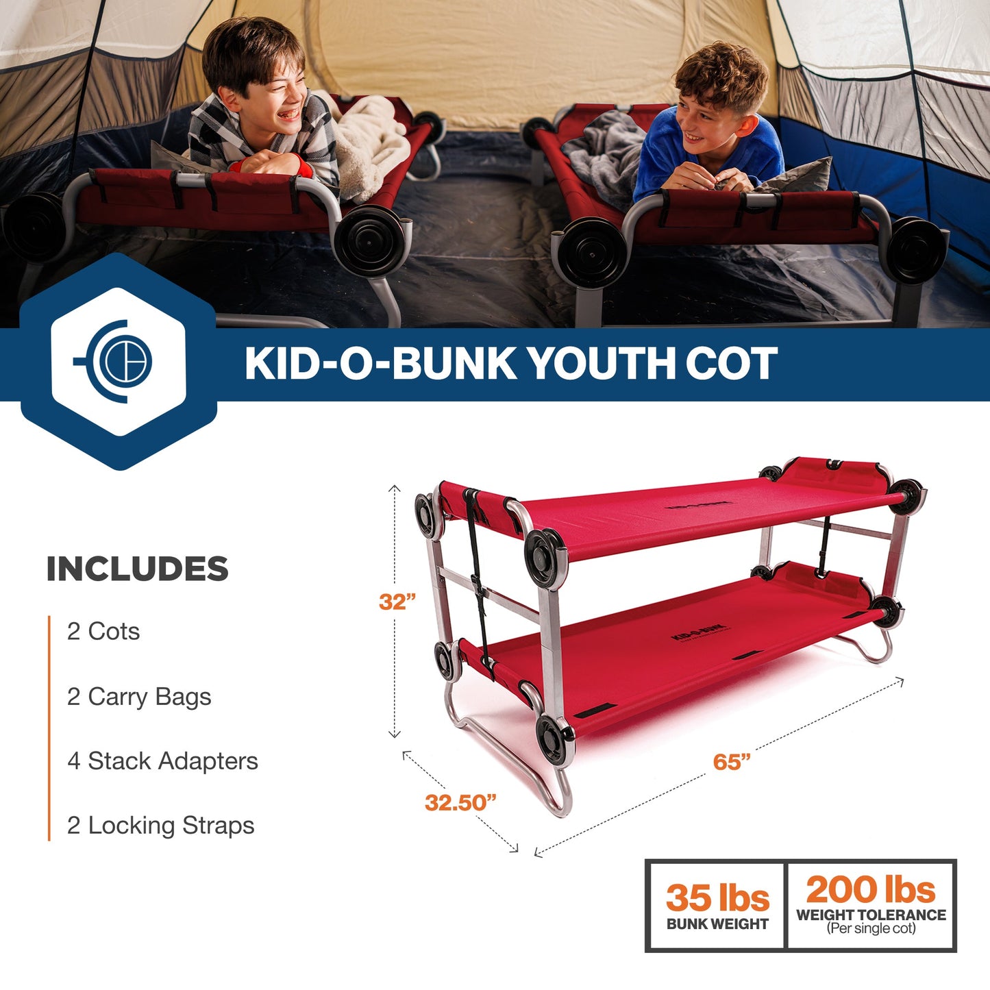 Disc-O-Bed Youth Double Cot Kid-O-Bunk w/ 200 Pound Capacity & Carry Bags, Red - 413462