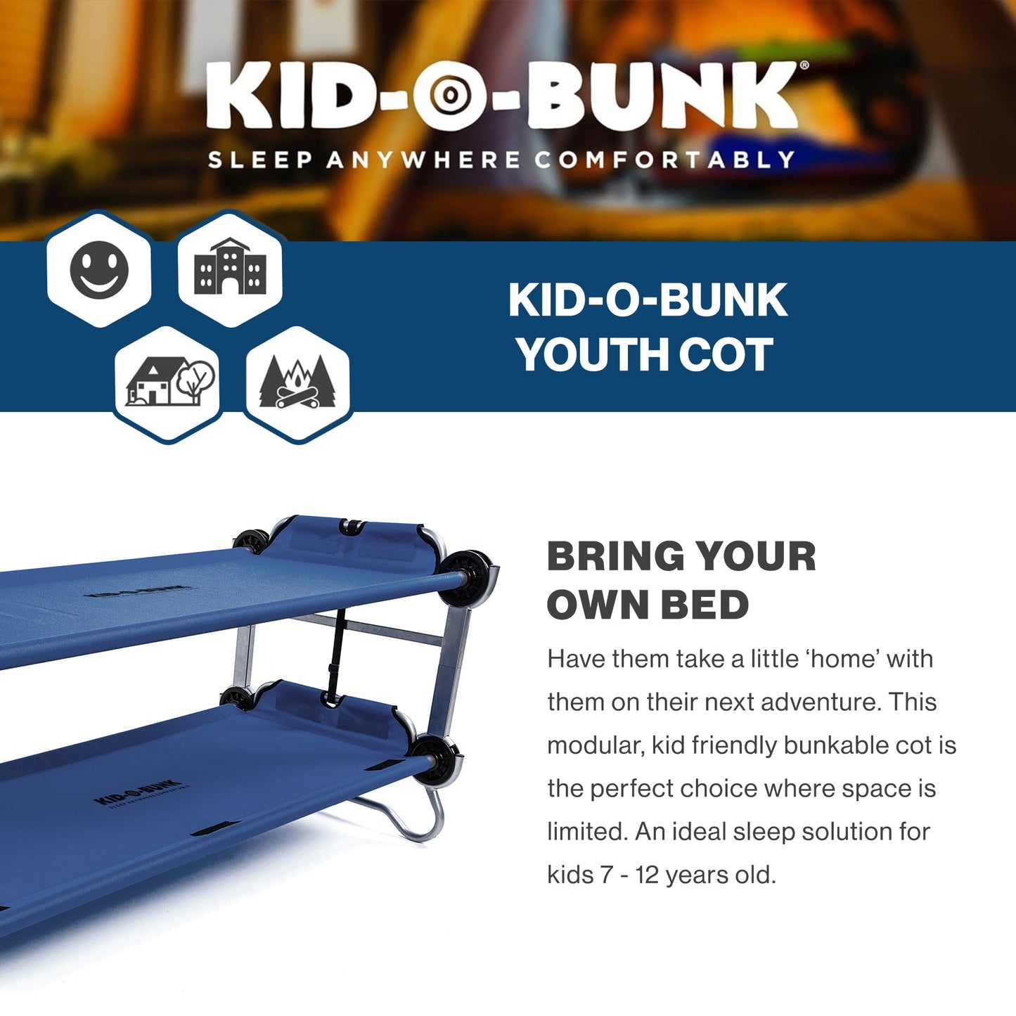 Disc-O-Bed Youth Double Cot Kid-O-Bunk w/ 200 Pound Capacity & Carry Bags, Navy - 413463