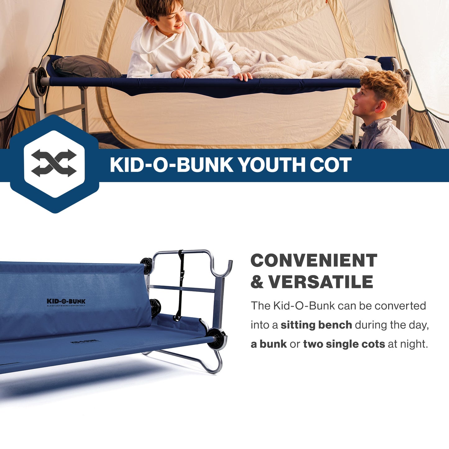 Disc-O-Bed Youth Double Cot Kid-O-Bunk w/ 200 Pound Capacity & Carry Bags, Navy - 413463