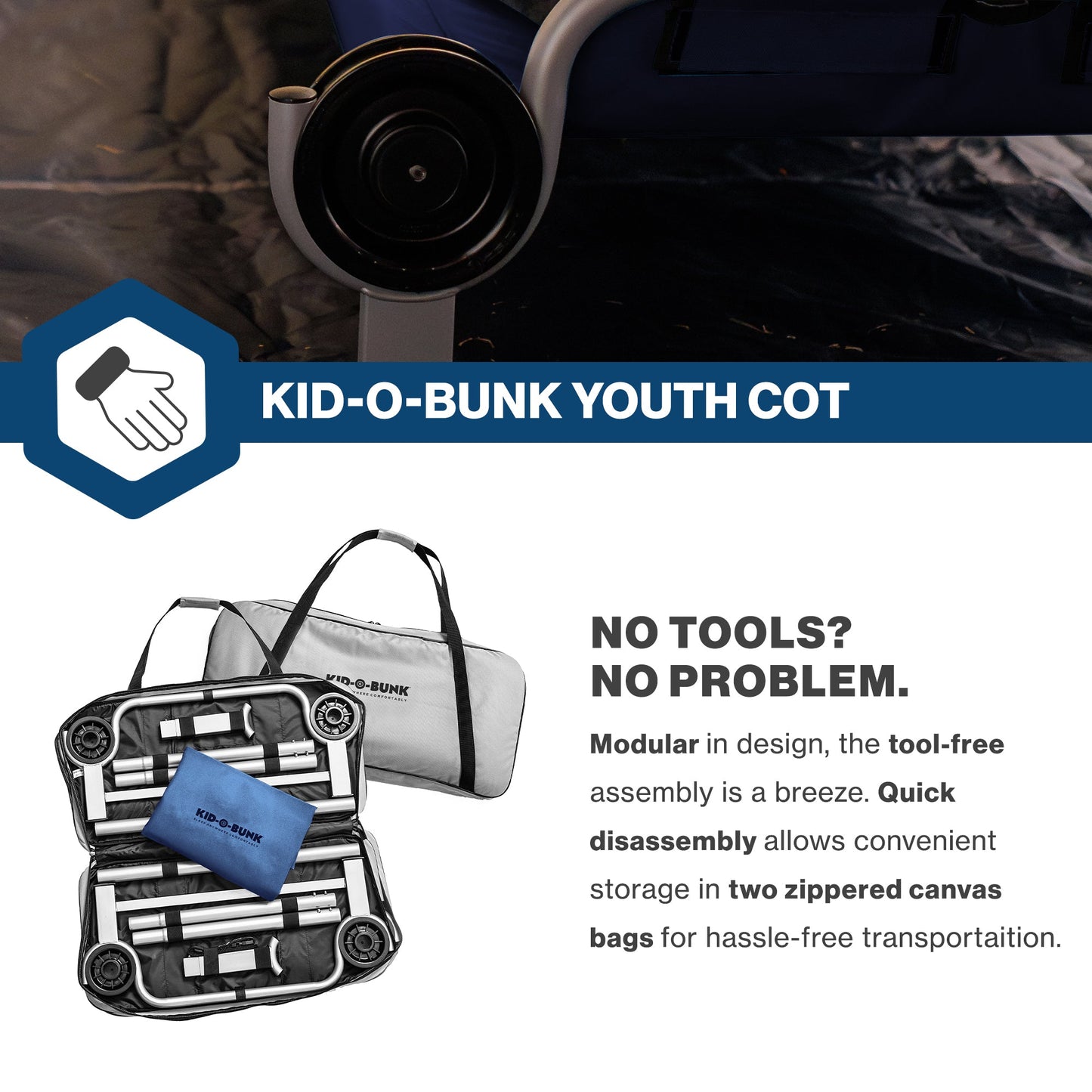 Disc-O-Bed Youth Double Cot Kid-O-Bunk w/ 200 Pound Capacity & Carry Bags, Navy - 413463