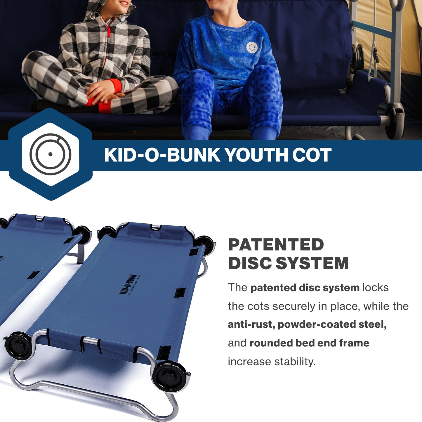 Disc-O-Bed Youth Double Cot Kid-O-Bunk w/ 200 Pound Capacity & Carry Bags, Navy - 413463