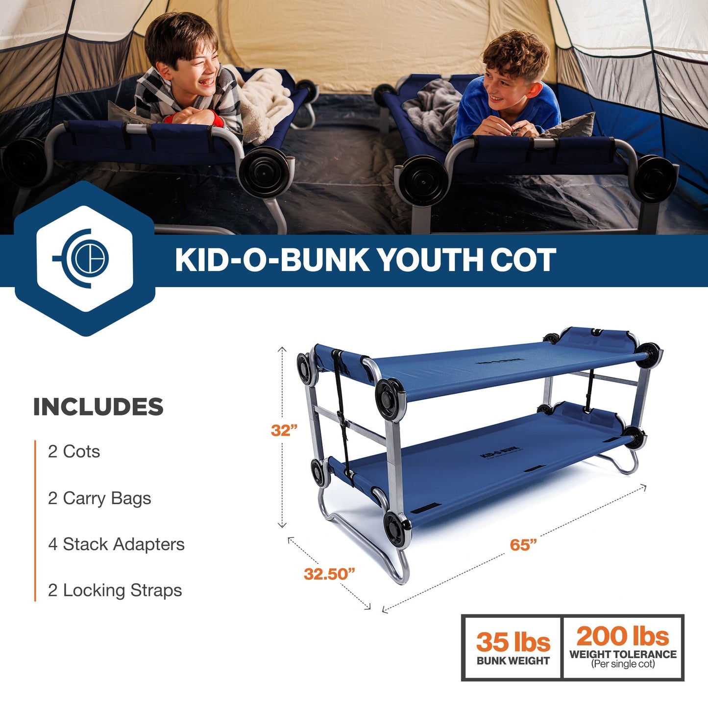 Disc-O-Bed Youth Double Cot Kid-O-Bunk w/ 200 Pound Capacity & Carry Bags, Navy - 413463