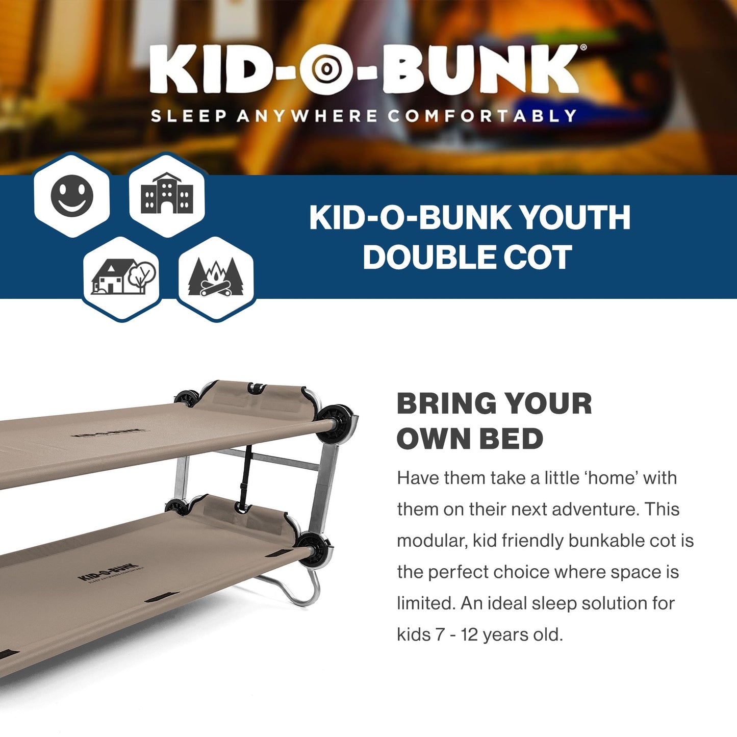 Disc-O-Bed Youth Double Cot Kid-O-Bunk w/ 200 Pound Capacity & Carry Bags, Tan - 413464