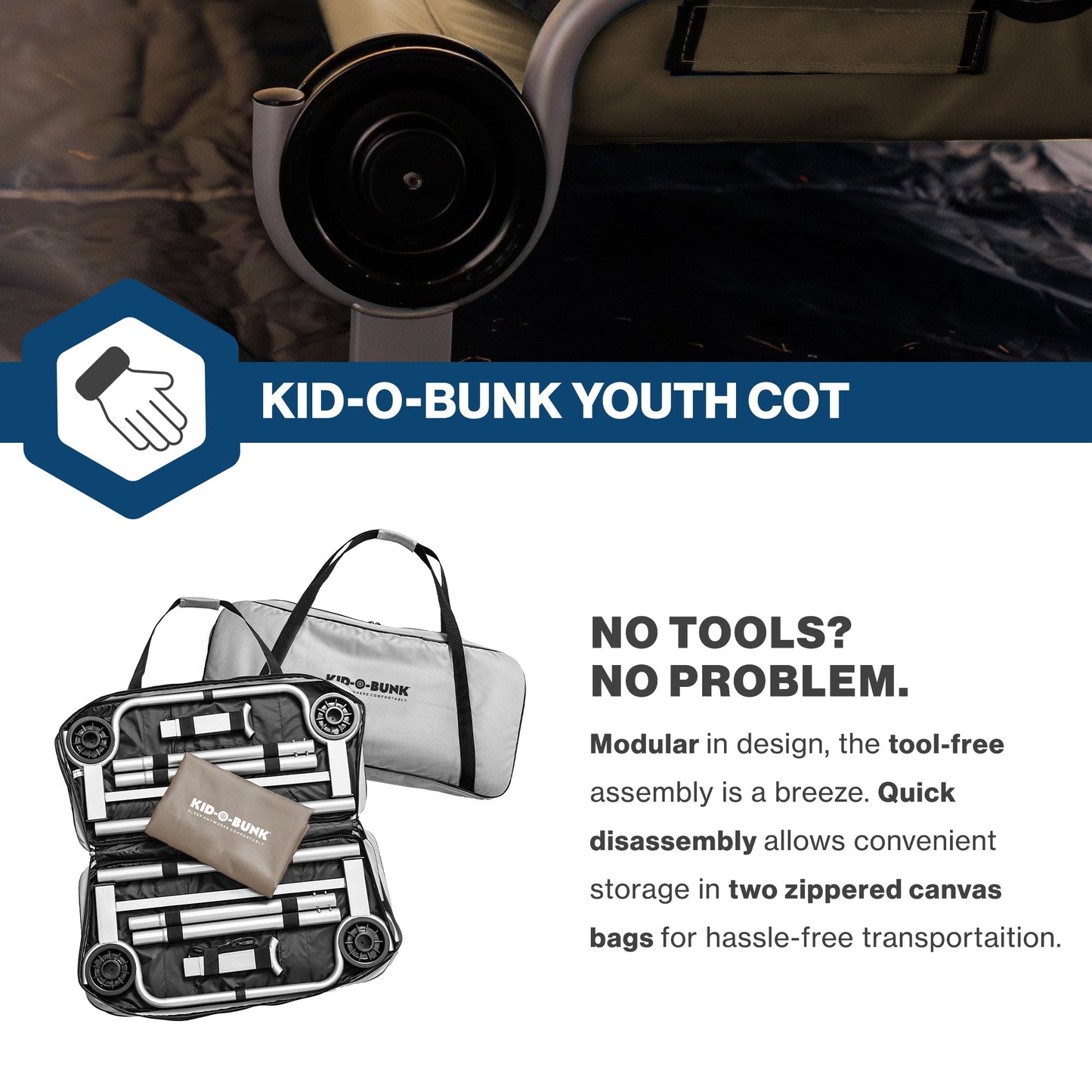 Disc-O-Bed Youth Double Cot Kid-O-Bunk w/ 200 Pound Capacity & Carry Bags, Tan - 413464
