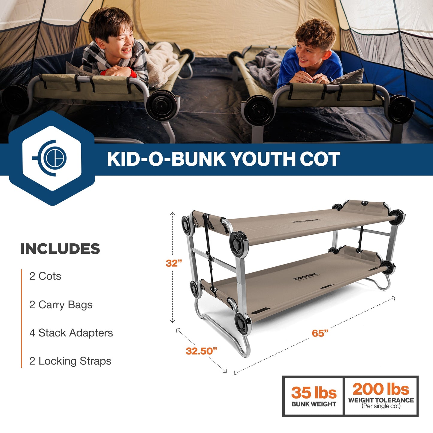 Disc-O-Bed Youth Double Cot Kid-O-Bunk w/ 200 Pound Capacity & Carry Bags, Tan - 413464
