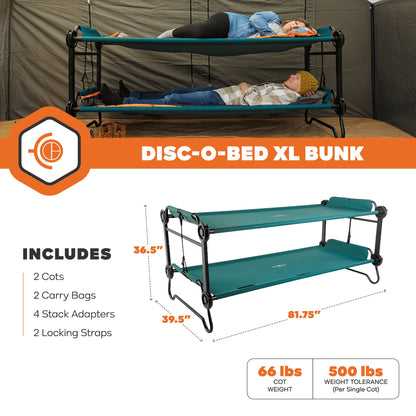 Disc-O-Bed Extra Large Outdoor Convertible 2 Person Portable Camping Cots, Green - 413480