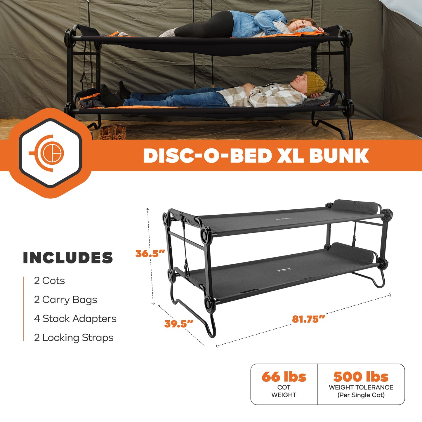 Disc-O-Bed Extra Large Outdoor Convertible 2 Person Portable Camping Cots, Black - 413481