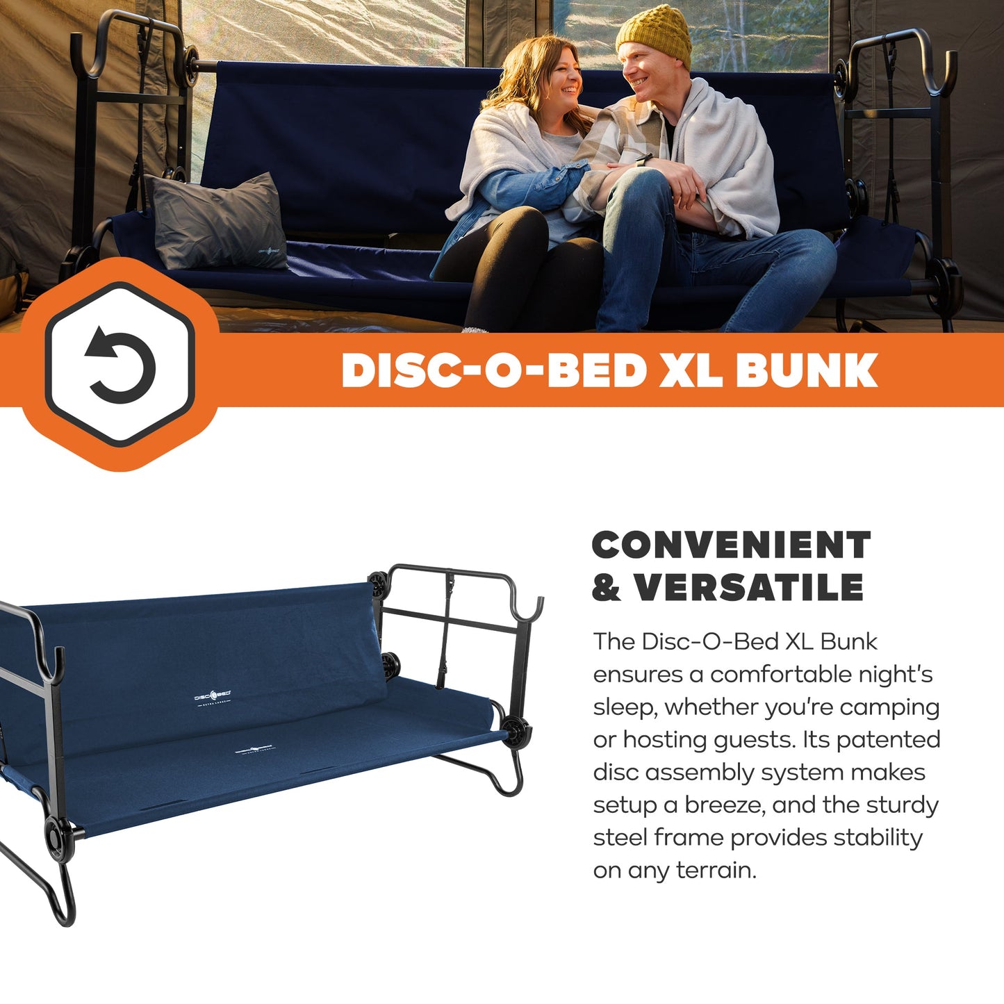 Disc-O-Bed Extra Large Outdoor Convertible 2 Person Portable Camping Cots, Navy - 413483