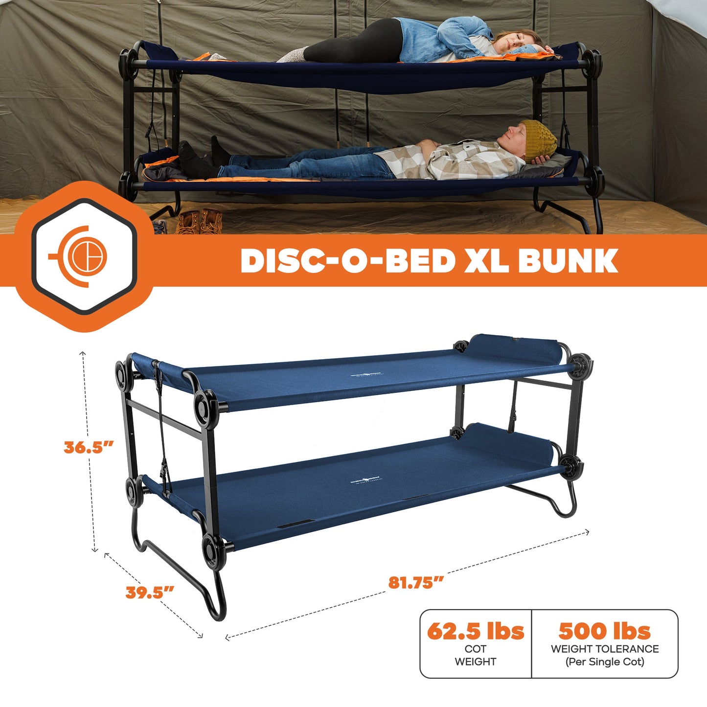 Disc-O-Bed Extra Large Outdoor Convertible 2 Person Portable Camping Cots, Navy - 413483