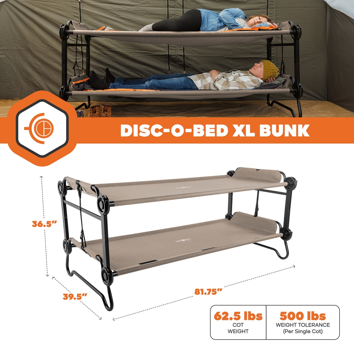 Disc-O-Bed Extra Large Outdoor Convertible 2 Person Portable Camping Cots, Tan - 413484