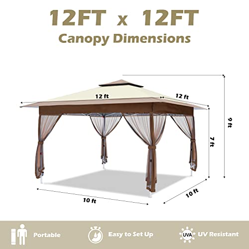 Outfine 12'x12' Gazebo Outdoor Pop up Canopy Tent with Curtains and Shelter for Patio, Party & Backyard Khaki - B09MW4Z987