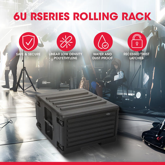 SKB 6U rSeries Rolling Rack with Integrated Back Wheels and 1-Touch Pull Handle - 420634
