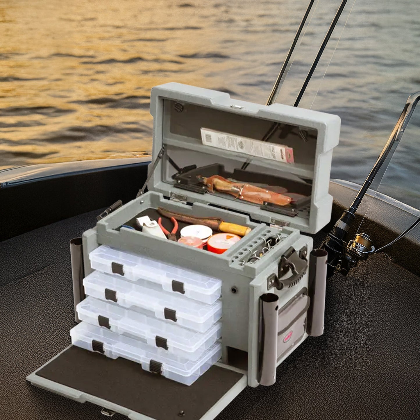 SKB Large Tackle Box, 4 Drawers with Dividers and 2 Soft Exterior Pockets, Gray - 420649