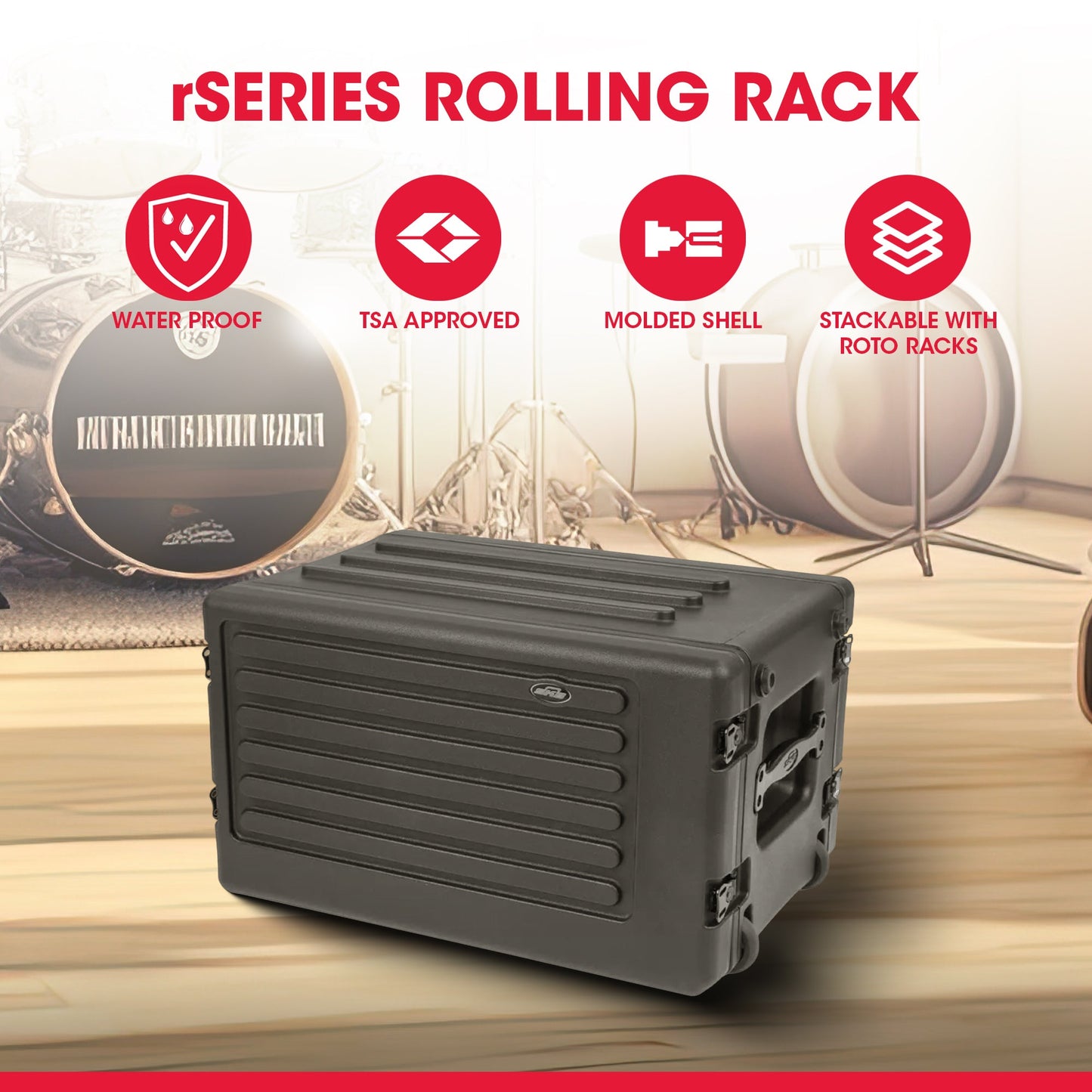 SKB 6U rSeries Shallow Rolling Rack with Integrated Back Wheels and Pull Handle - 421595