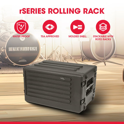 SKB 6U rSeries Shallow Rolling Rack with Integrated Back Wheels and Pull Handle - 421595