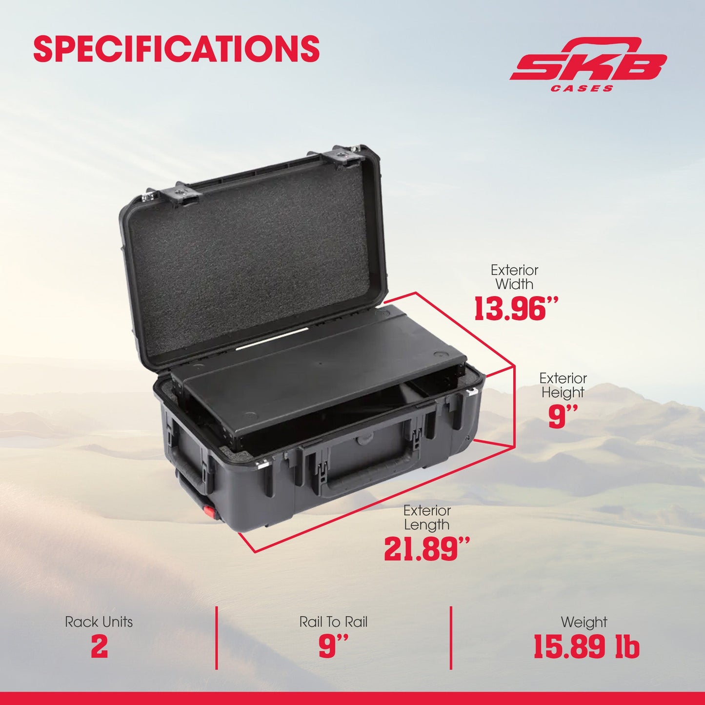 SKB iSeries 2U Shallow Fly Rack, Waterproof Polypropylene Hard Case, 9 Inch - 421598