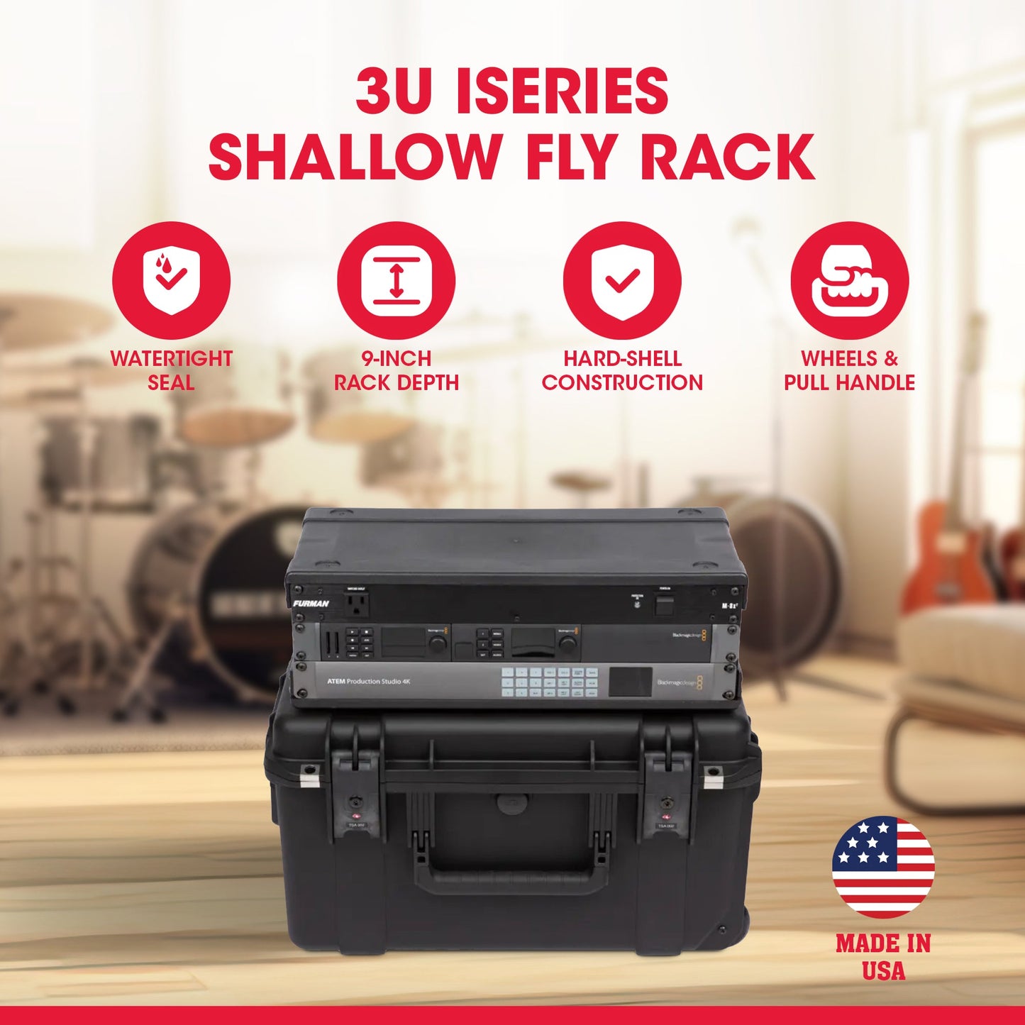 SKB iSeries 3U Shallow Fly Rack, Waterproof Polypropylene Hard Case, 9 Inch - 421599