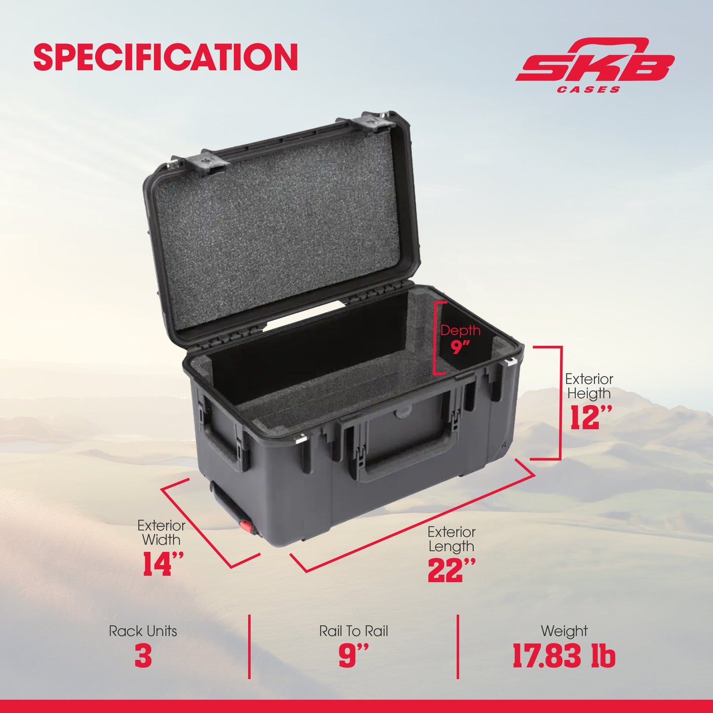 SKB iSeries 3U Shallow Fly Rack, Waterproof Polypropylene Hard Case, 9 Inch - 421599