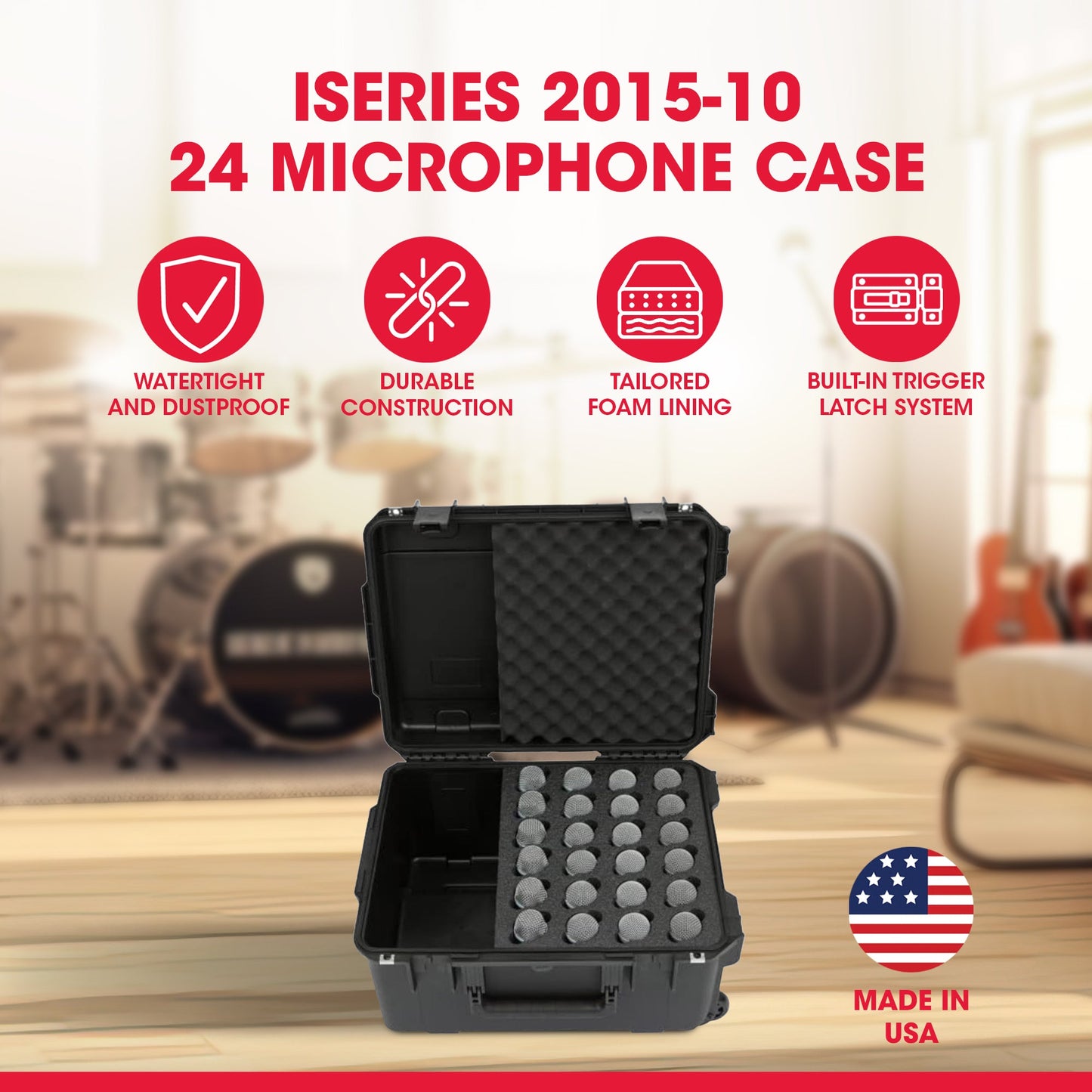 SKB Microphone Hard Case, 24-Slot Foam Interior with Cable Storage and Wheels - 422009