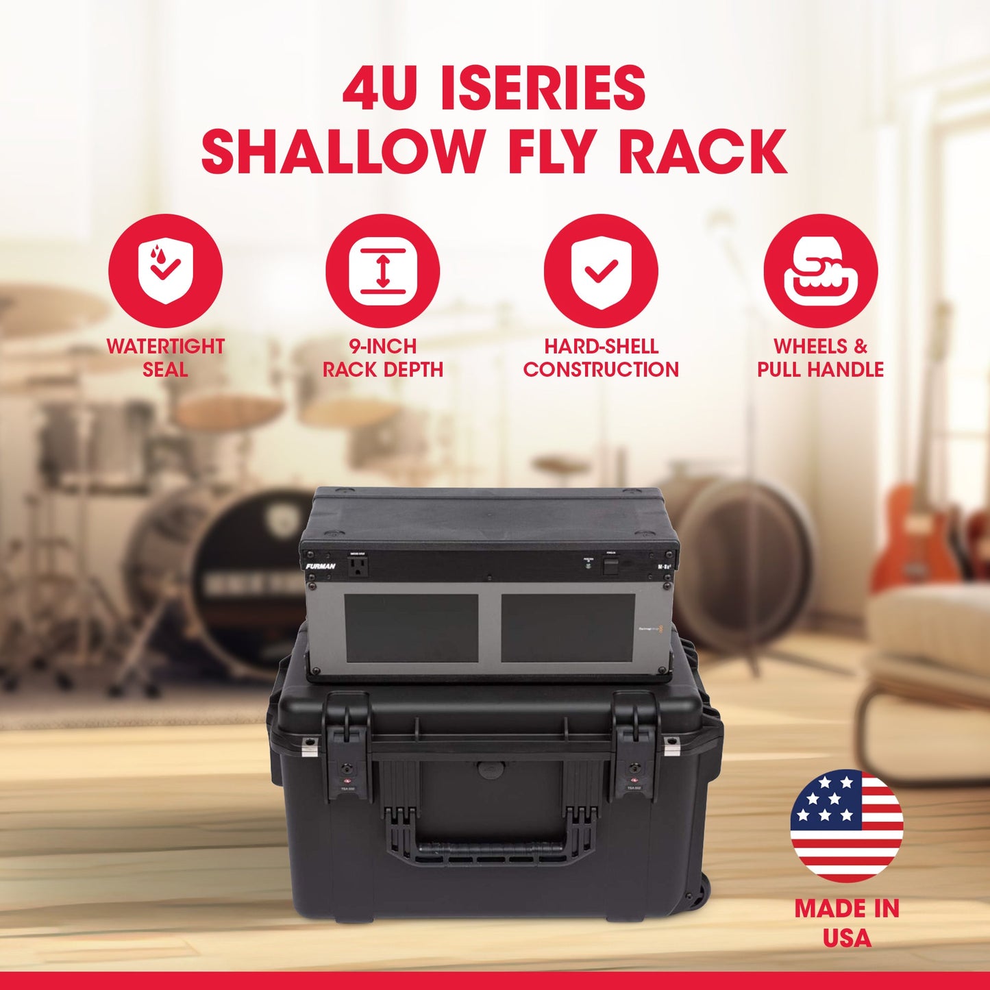 SKB iSeries 4U Shallow Fly Rack, Waterproof Polypropylene Hard Case, 9 Inch - 422017