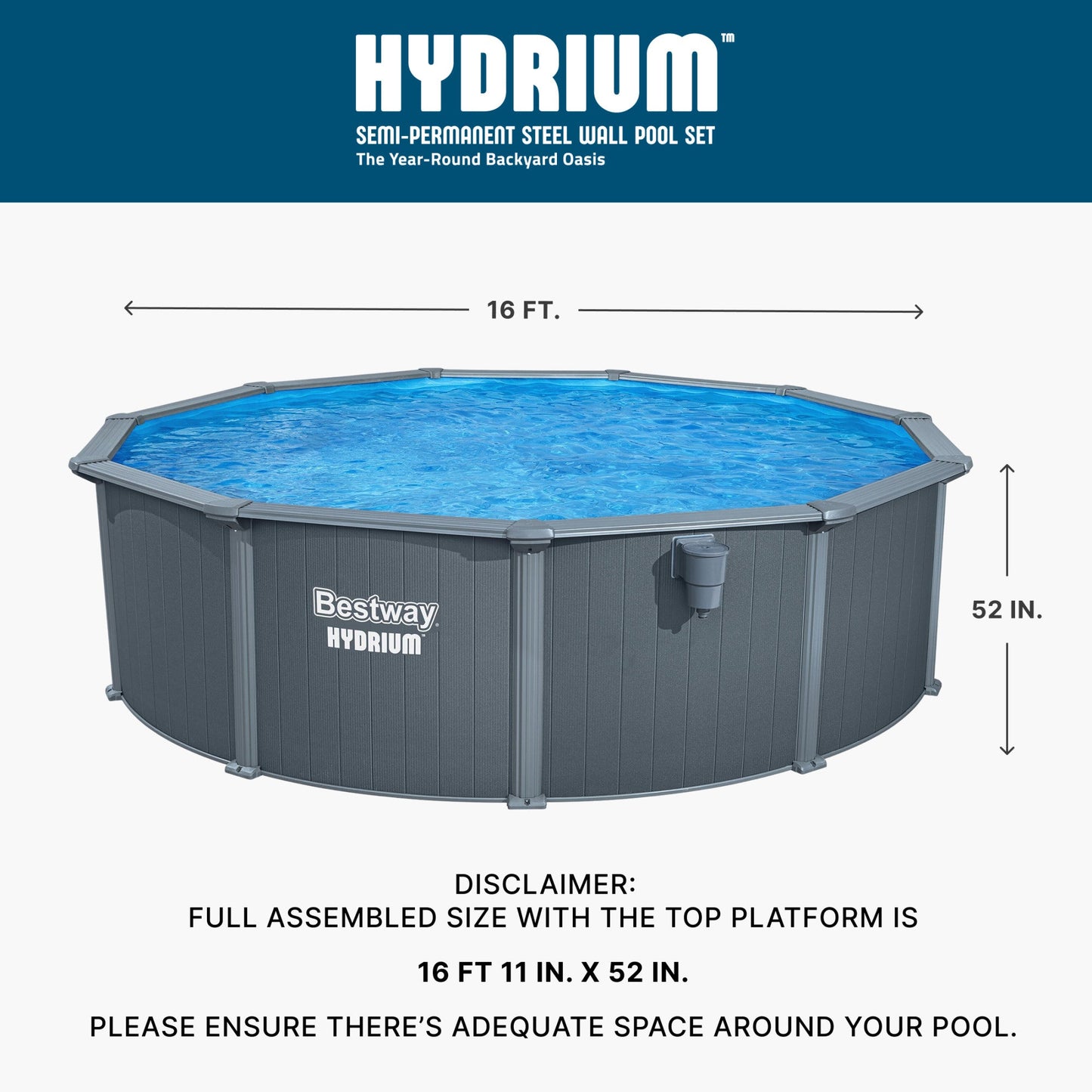 Bestway Hydrium 16' x 52" Round Steel Wall Above Ground Swimming Pool Set, Gray - 423398