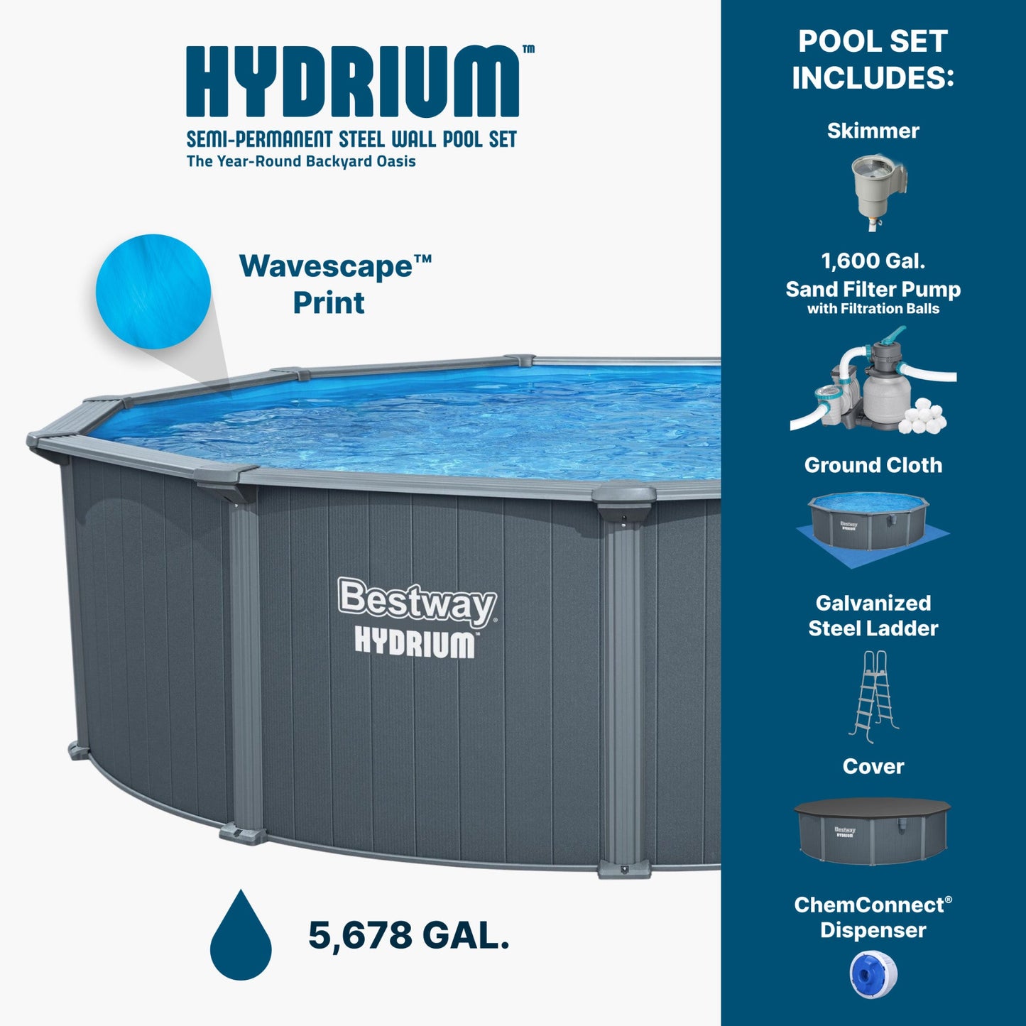 Bestway Hydrium 16' x 52" Round Steel Wall Above Ground Swimming Pool Set, Gray - 423398