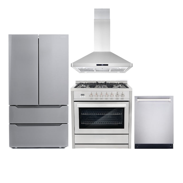 Cosmo 4 Piece Kitchen Package with 36" Freestanding Gas Range 36" Island Mount Range Hood 24" Built-in Fully Integrated Dishwasher & Energy Star French Door Refrigerator - CMOS668ICSD 