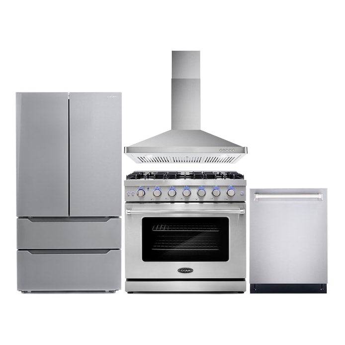 Cosmo 4 Piece Appliance Package with 36" Freestanding Gas Range 36" Wall Mount Range Hood 24" Built-in Fully Integrated Dishwasher & Energy Star French Door Refrigerator