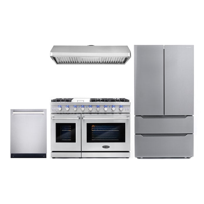 Cosmo 4 Piece Kitchen Package with 48" Freestanding Gas Range 48" Under Cabinet Range Hood 24" Built-in Fully Integrated Dishwasher & Energy Star French Door Refrigerator