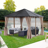 Mastercanopy 10x10 Outdoor Hardtop Gazebo Aluminum Frame Polycarbonate Top with Curtains and Netting - B0DHVKPJDR