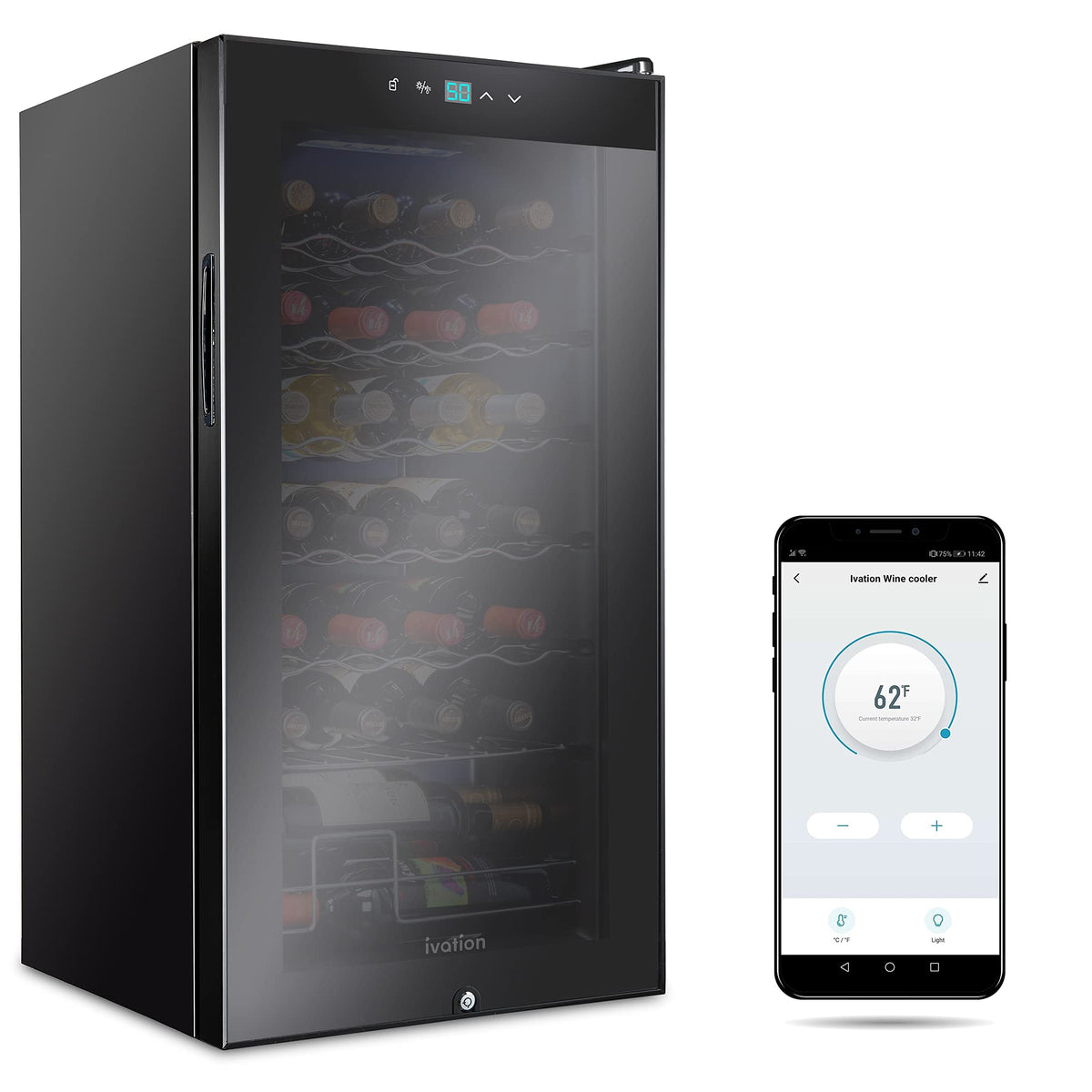 Ivation 28 Bottle Freestanding Wine Refrigerator, Wine Fridge with Wi-Fi Smart App Control, Black - IVFWCC281LBW