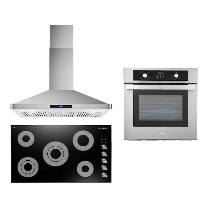 Cosmo 3 Piece Kitchen Package With 30" Electric Cooktop 30" Wall Mount Range Hood 30" Single Electric Wall Oven Copy