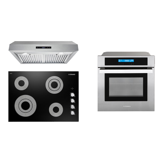 Cosmo 3 Piece Appliance Package With 24" Single Electric Wall Oven 30" Electric Cooktop 30" Under Cabinet Range Hood