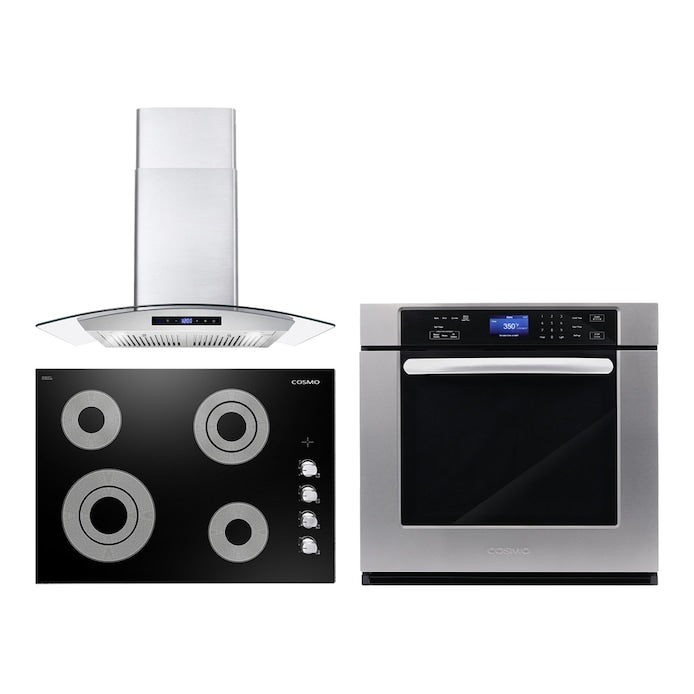 Cosmo 3 Piece Kitchen Package With 30" Single Electric Wall Oven 30" Electric Cooktop 30" Wall Mount Range Hood