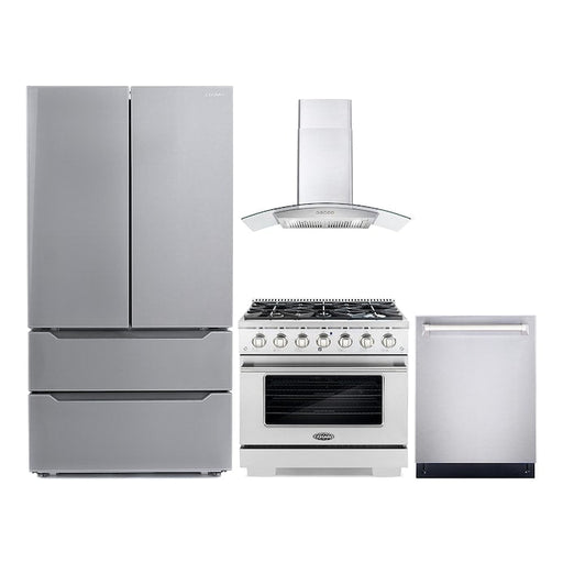 Cosmo 4 Piece Kitchen Package with 36" Freestanding Gas Range 36" Wall Mount Range Hood 24" Built-in Fully Integrated Dishwasher & Energy Star French Door Refrigerator