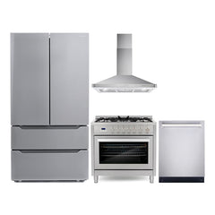 Cosmo Cosmo 4 Piece Kitchen Appliance Packages with 36" Freestanding Gas Range 36" Wall Mount Range Hood 24" Built-in Integrated Dishwasher & French Door