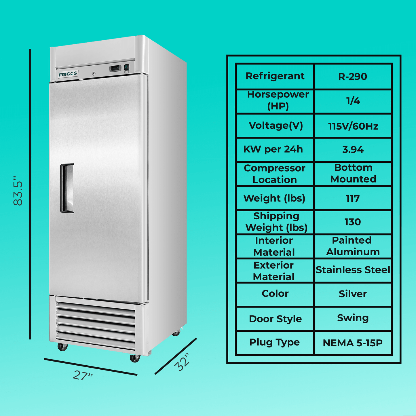 Frigos Commercial Reach in Freezer 27" Width Solid 1 Door 21 Cu Ft with Aluminum Interior with 304 Stainless Steel Floor - FG-FZ-1D