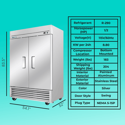 Frigos Commercial Reach in Freezer 54" Width Solid 2 Door 47 Cu Ft with Aluminum Interior with 304 Stainless Steel Floor - FG-FZ-2D