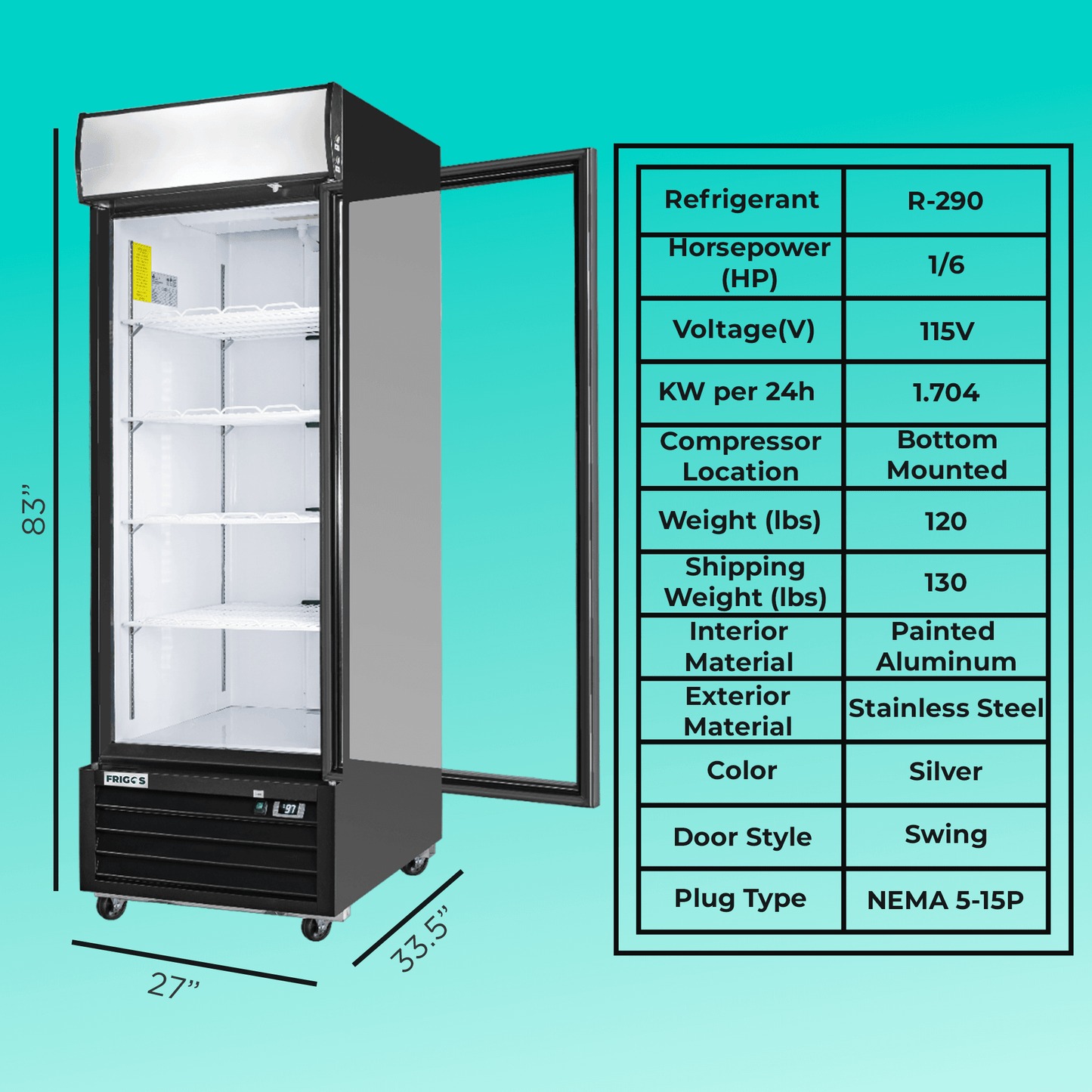 Frigos Merchandiser Refrigerator 27" Width Black Swing Glass 1 Door with LED Lighting with Aluminum Interior with 304 Stainless Steel Floor - FG-MR-1D-G