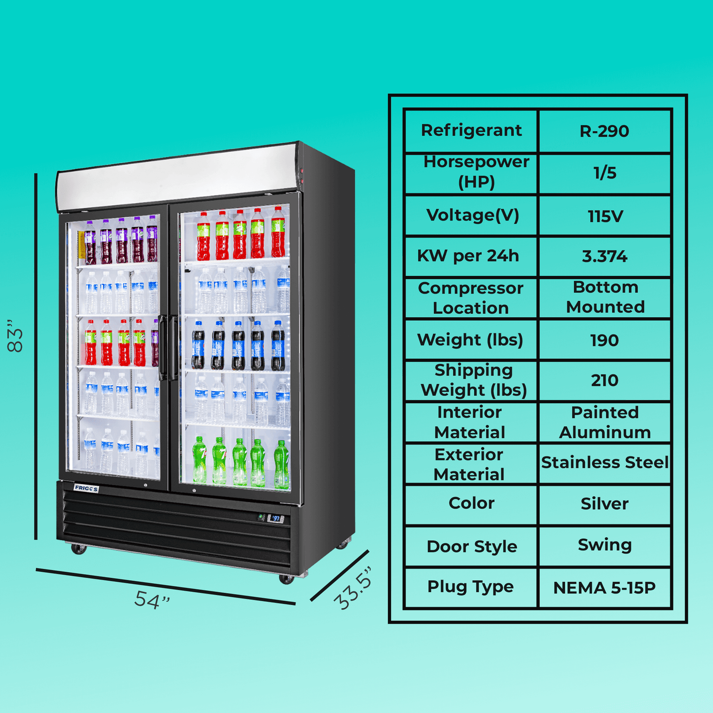 Frigos Merchandiser Refrigerator 54" Width Black Swing Glass 2 Door with LED Lighting with Aluminum Interior with 304 Stainless Steel Floor - FG-MR-2D-G