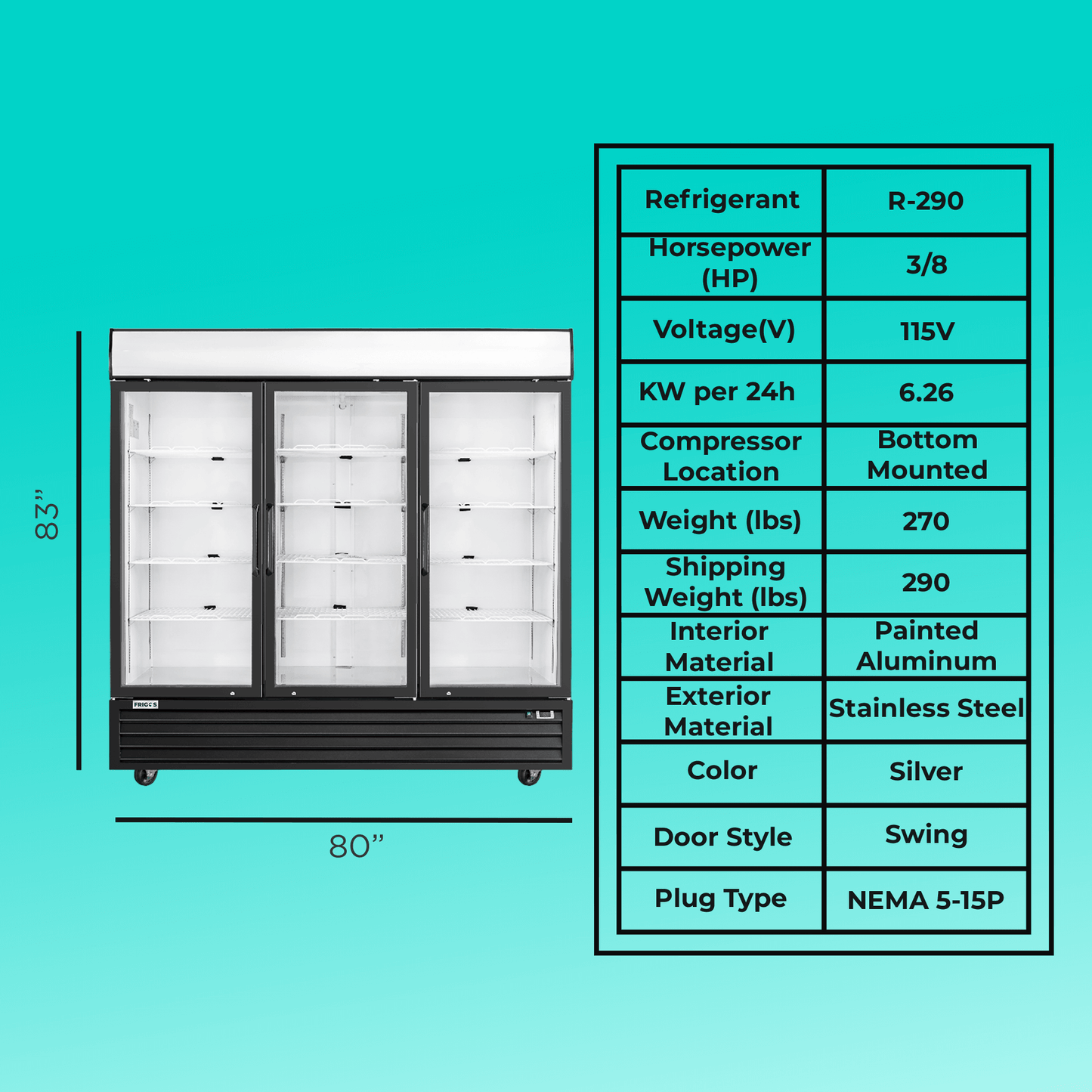 Frigos Commercial Merchandising Refrigerator 80" Width Black Swing Glass 3 Door with LED Lighting with Aluminum Interior with 304 Stainless Steel Floor - FG-MR-3D-G