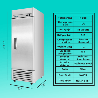Frigos Commercial Reach in Refrigerator 27" Width Solid Single Door 21 Cu Ft with Aluminum Interior with 304 Stainless Steel Floor - FG-RF-1D