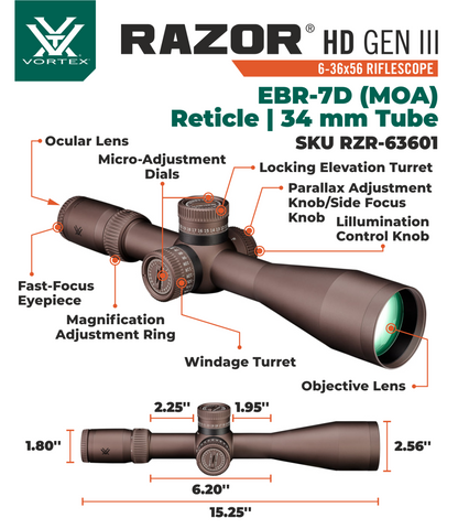 Vortex Optics Razor HD Gen III 6-36x56 FFP EBR-7D (MOA) Reticle 34 mm Tube Riflescope with with Wearable4U Bundle - RZR-63601_Hat-CD