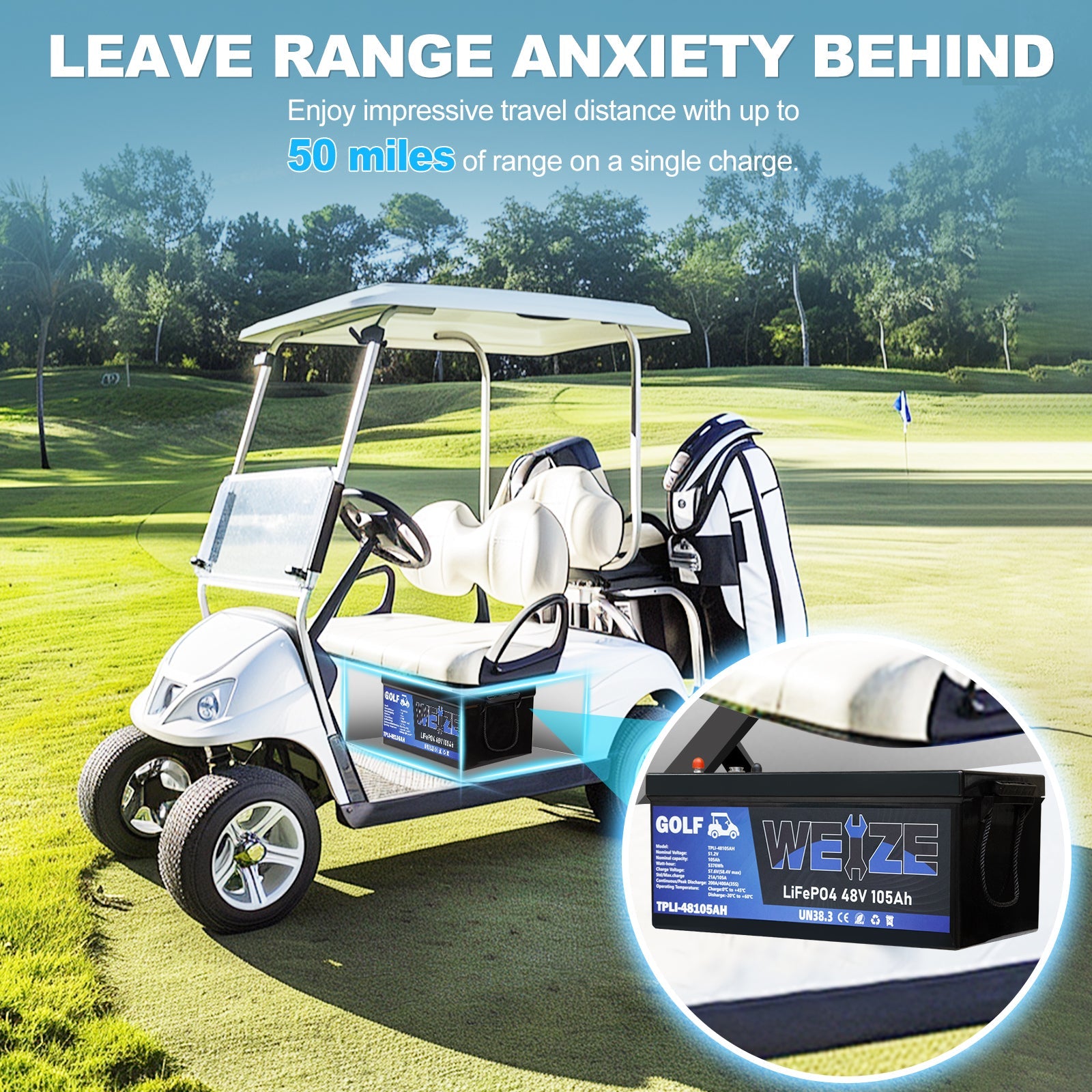 WEIZE 48V(51.2V) 105AH LiFePO4 Golf Cart Battery, 5376Wh Bluetooth Lithium Battery, 8000+ Cycles with 200A BMS, 10 Years Warranty - BAC-0117