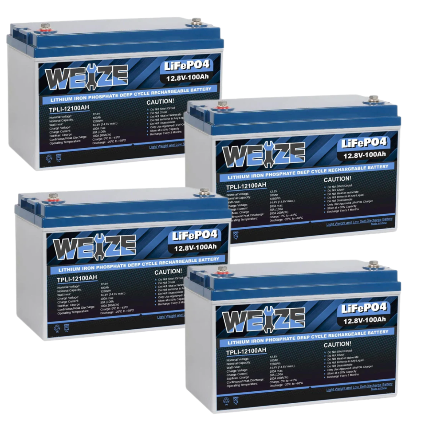 WEIZE 12V 100Ah 1280Wh Lithium Battery, Group 31 Deep Cycle LiFePO4 Battery (4-PACK) -  BAC-0089-4