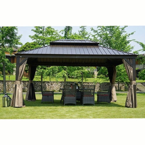 Kozyard Alexander 12' X 16' Hardtop Gazebo, Aluminum Metal Gazebo with Galvanized Steel Double Roof Canopy, Curtain and Netting, Permanent Gazebo Pavilion for Patio, Backyard, Deck, Lawn Brown - KZAHG1216