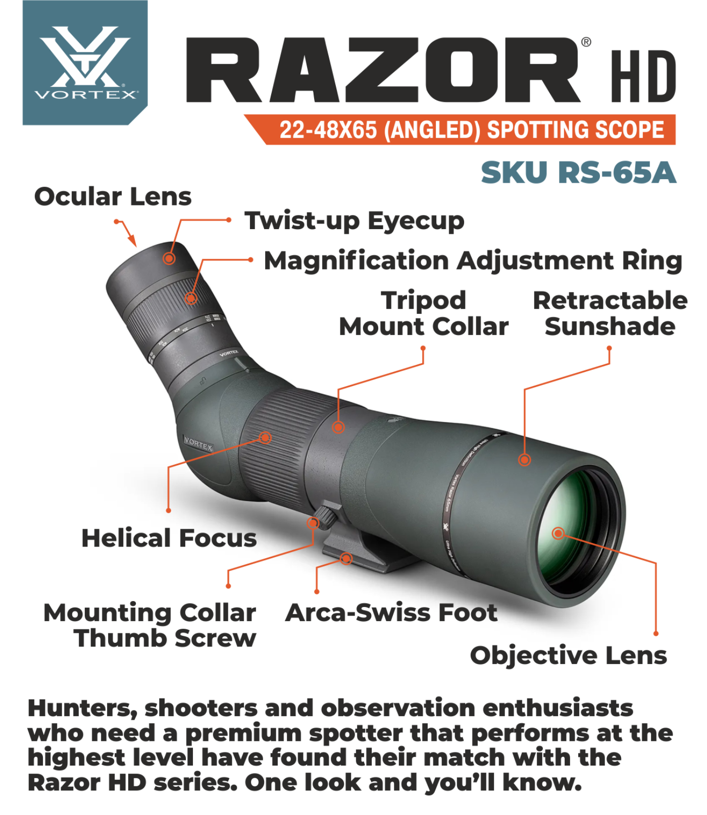 Vortex Optics Razor HD 22-48x65 (Angled) Spotting Scope with Free Hat and Wearable4U Bundle - RS-65A_Hat-CD_LCP