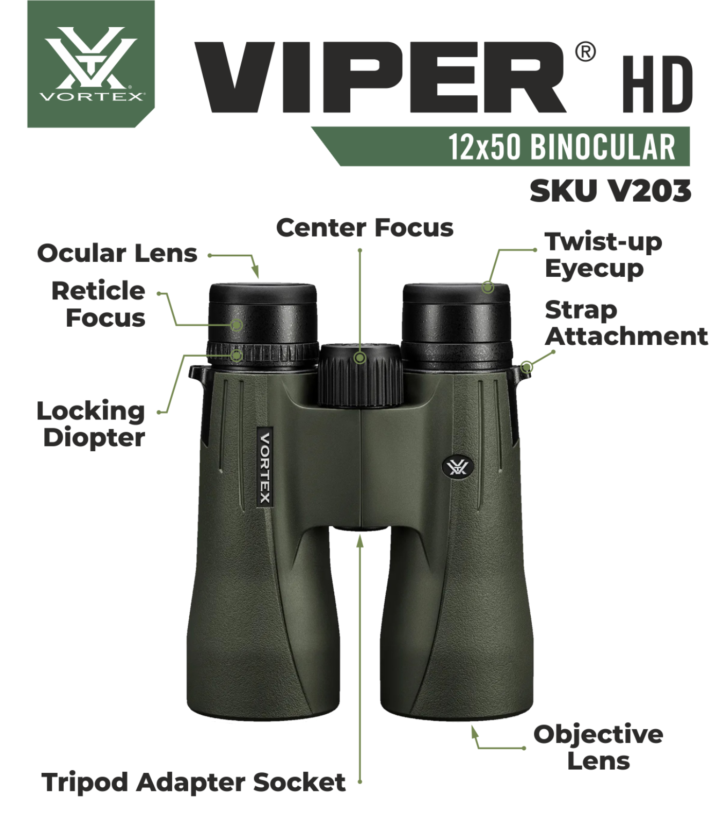Vortex Optics Viper HD 12x50 Roof Prism Binocular V203 with Free Hat and Wearable4U Bundle - V203_Hat-CD_LCP