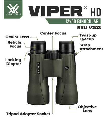 Vortex Optics Viper HD 12x50 Roof Prism Binocular V203 with Free Hat and Wearable4U Bundle - V203_Hat-CD_LCP