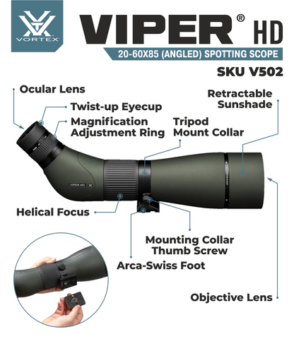 Vortex Optics Viper HD 20-60x85 Angled Spotting Scope V502 with Wearable4U Bundle - V502_Hat-CD_LCP